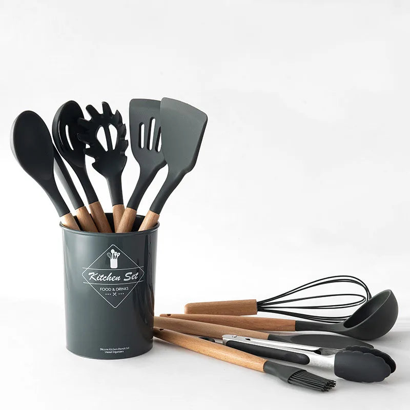 1PC Silicone Wood Turner Soup Spoon Spatula Brush Scraper Pasta Server Egg Beater Kitchen Cooking Tools Kitchenware Green/Pink.
