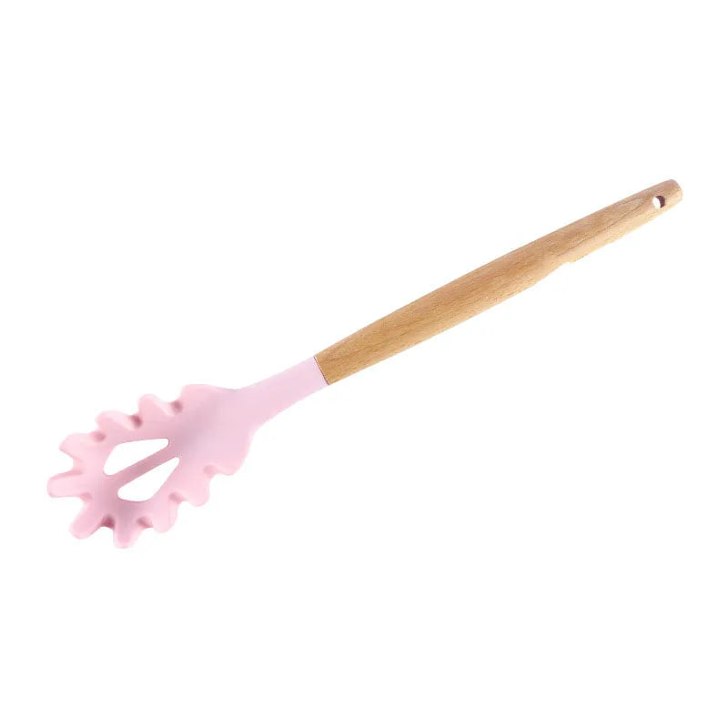 1PC Silicone Wood Turner Soup Spoon Spatula Brush Scraper Pasta Server Egg Beater Kitchen Cooking Tools Kitchenware Green/Pink.