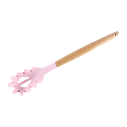 1PC Silicone Wood Turner Soup Spoon Spatula Brush Scraper Pasta Server Egg Beater Kitchen Cooking Tools Kitchenware Green/Pink.