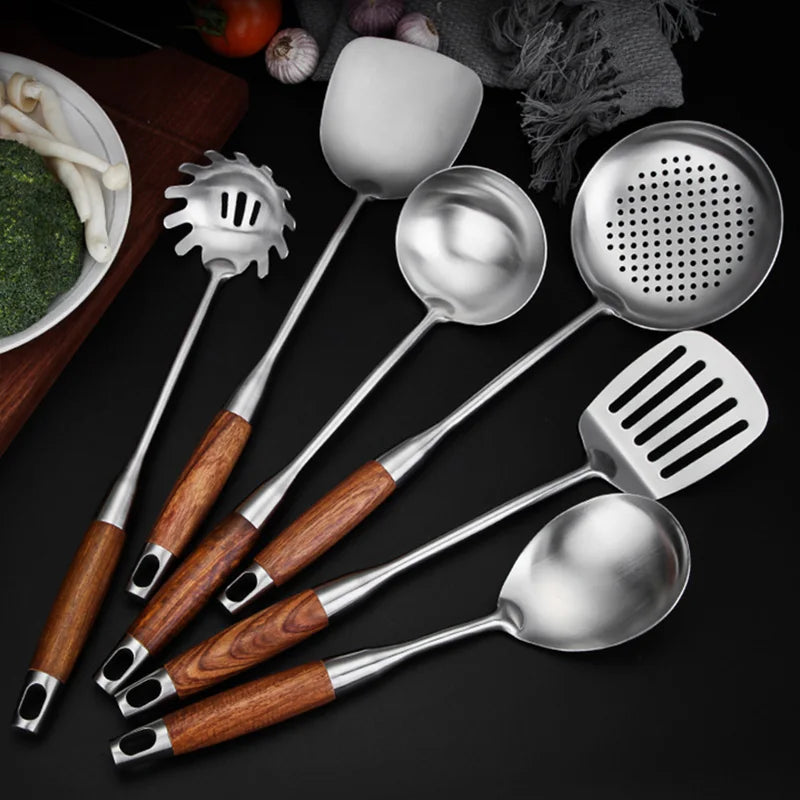 7-Pc Stainless Steel Kitchen Utensil Set with Holder  Wooden Handles