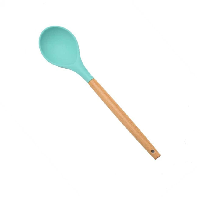 1PC Silicone Wood Turner Soup Spoon Spatula Brush Scraper Pasta Server Egg Beater Kitchen Cooking Tools Kitchenware Green/Pink.