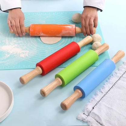Non-Stick Silicone Rolling Pin with Wooden Handle Dough Roller