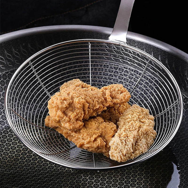 New 3 Sizes Wooden Handle Large Colander Stainless Steel French Fries Sieve Spoon Skimmer Home Cooking Gadgets Kitchen Utensils.