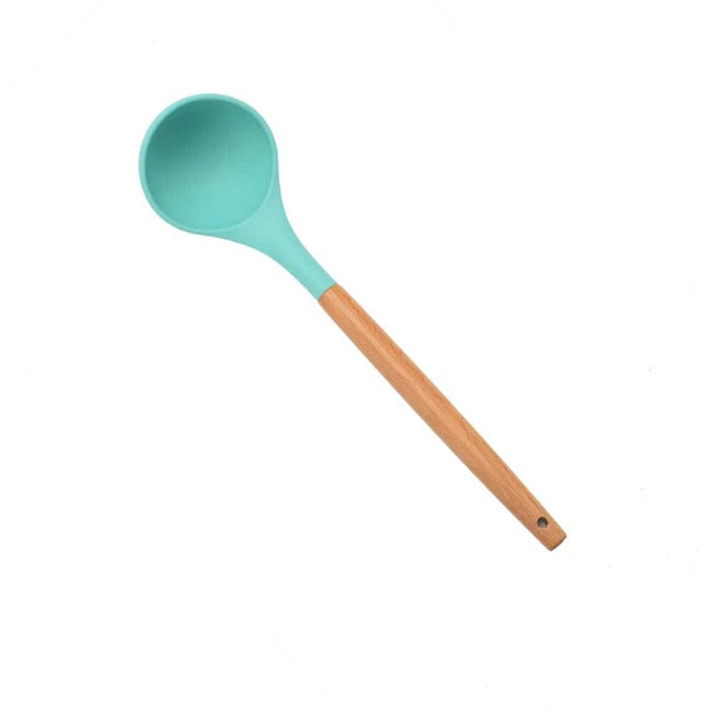 1PC Silicone Wood Turner Soup Spoon Spatula Brush Scraper Pasta Server Egg Beater Kitchen Cooking Tools Kitchenware Green/Pink.