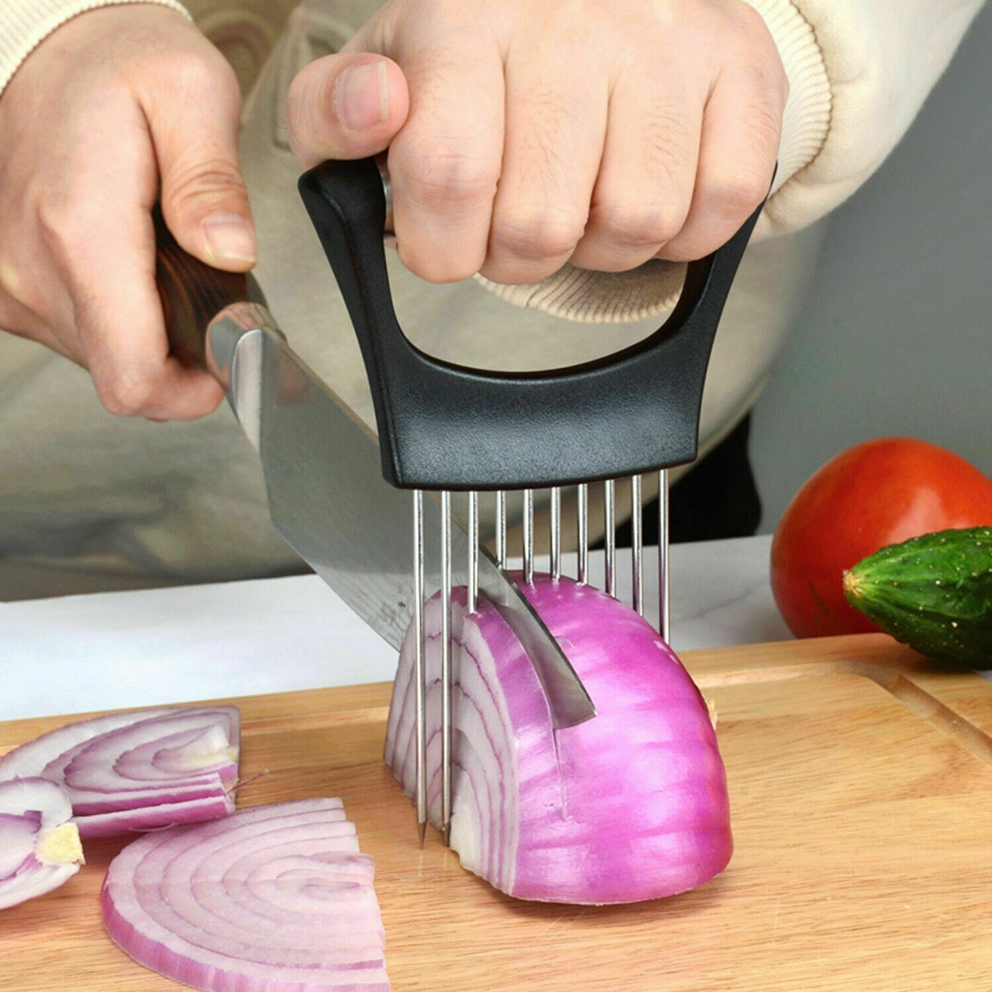 Stainless Steel Onion Holder and Slicer - Tomato Cutter for Neat Food Slicing