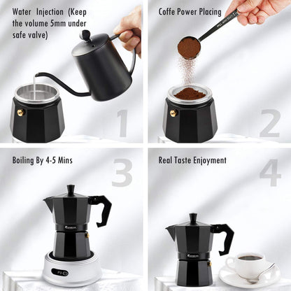 Stovetop Espresso Maker- Classic Italian Moka Pot with 2 Cups and Gift Package Aluminum- Black